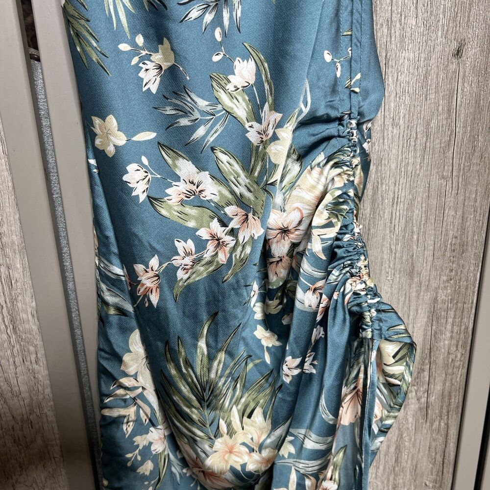 Mable Satin Dress Teal Floral Cowl Neck Ruching on the Sides - Picture 6 of 10